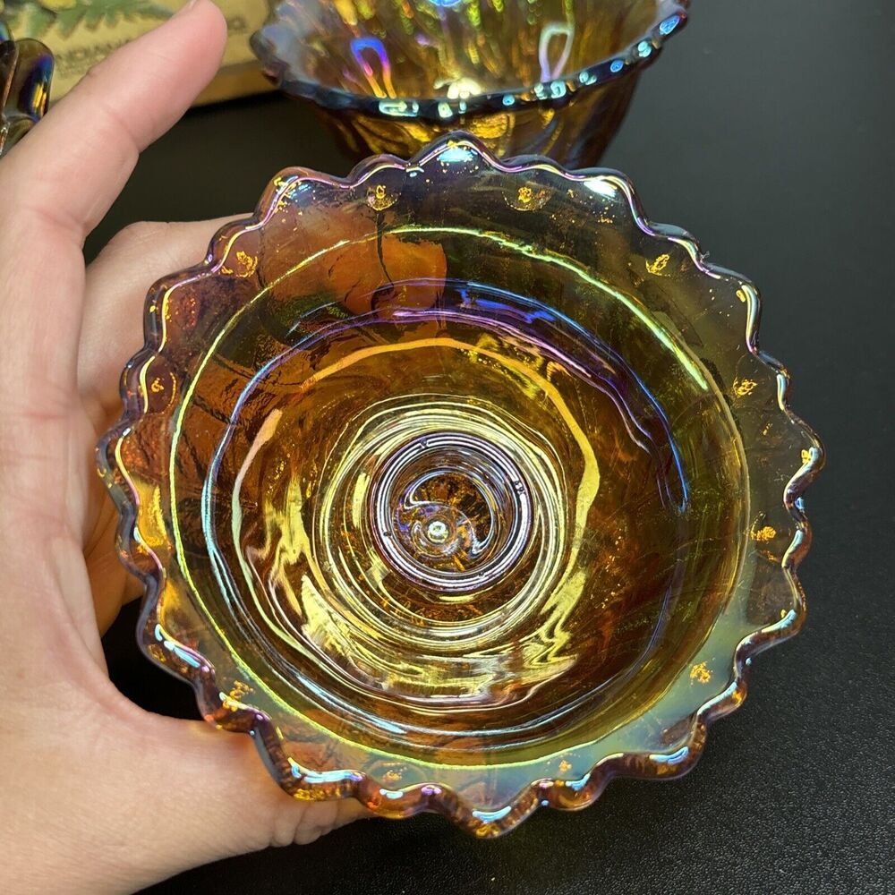 Vtg Indiana Glass Co Iridescent Gold Carnival Glass #1211 3pc Console Set - Picture 7 of 12
